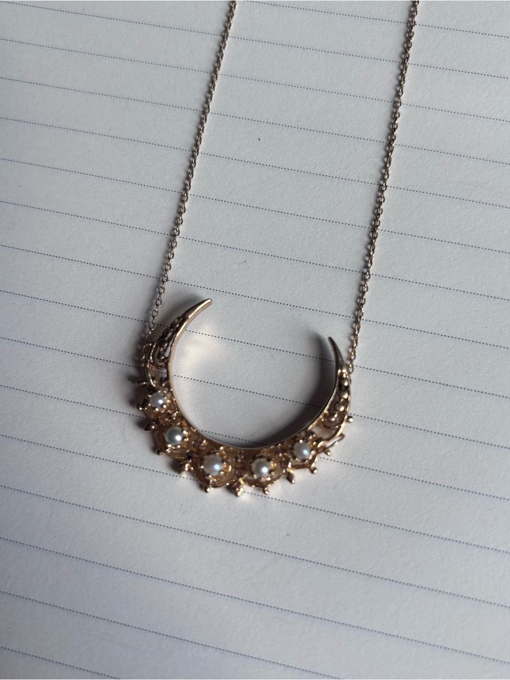 Antique Gold Crescent Necklace with Opalescent Stones - Women Jewelry - Picture 6 of 9